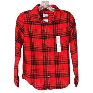 NWT Cat & Jack Boys Long Sleeve Flannel Plaid Button-Up Red/Black  Large (10/12)